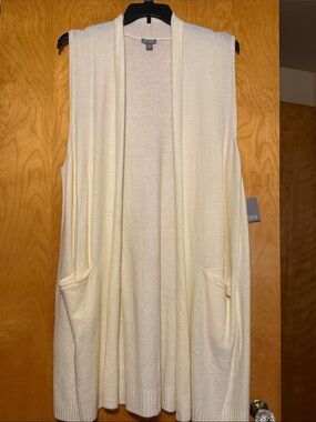 Coldwater Creek Cream Sleeveless Open-Front Knit Vest with Pockets